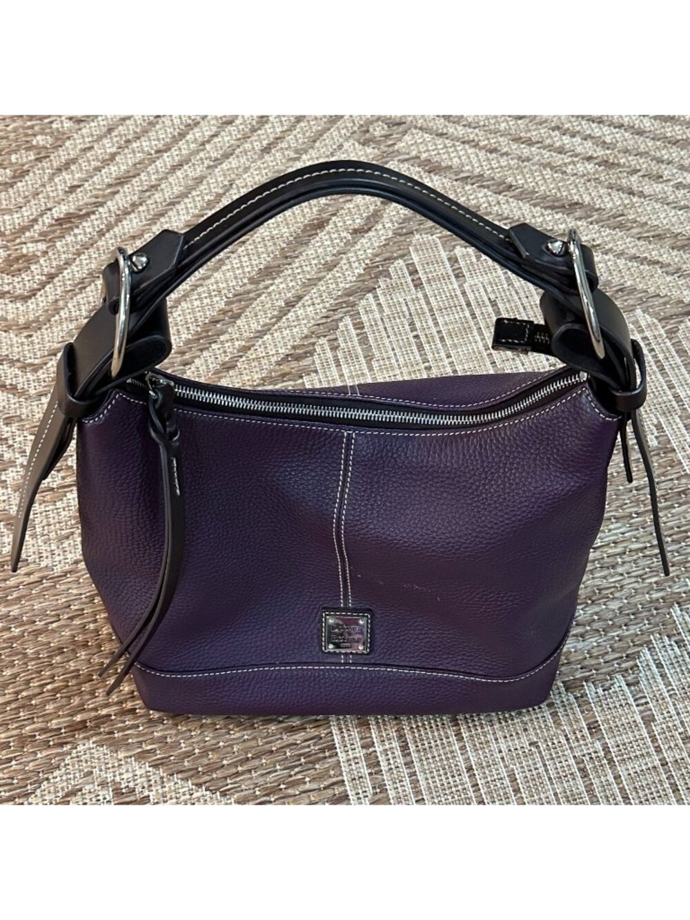 Dooney & Bourke Purple Pebbled Leather Shoulder Bag With Black Handle & Red Lini